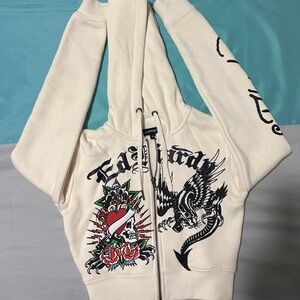 Ed Hardy Off-White Hoodie with Heart and Dragon Design